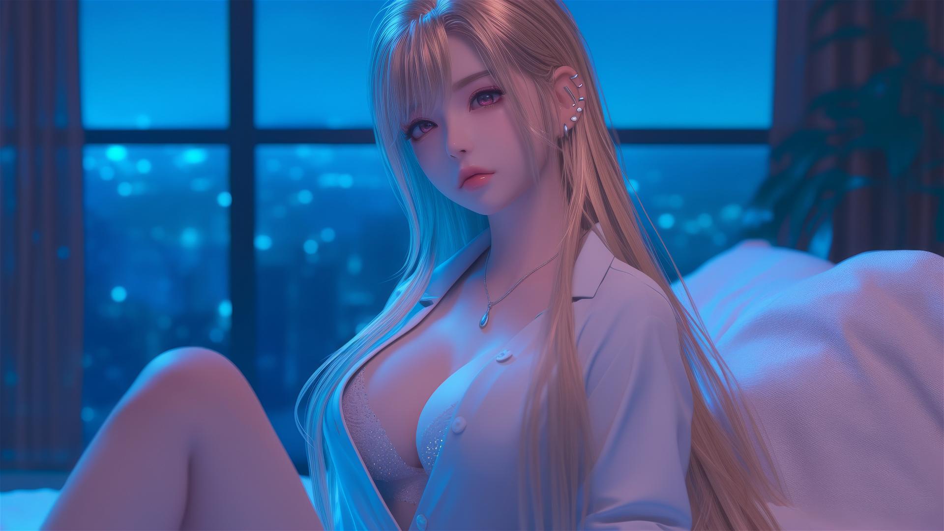 Marin Kitagawa sitting on a hotel bed, illuminated by soft moonlight.
