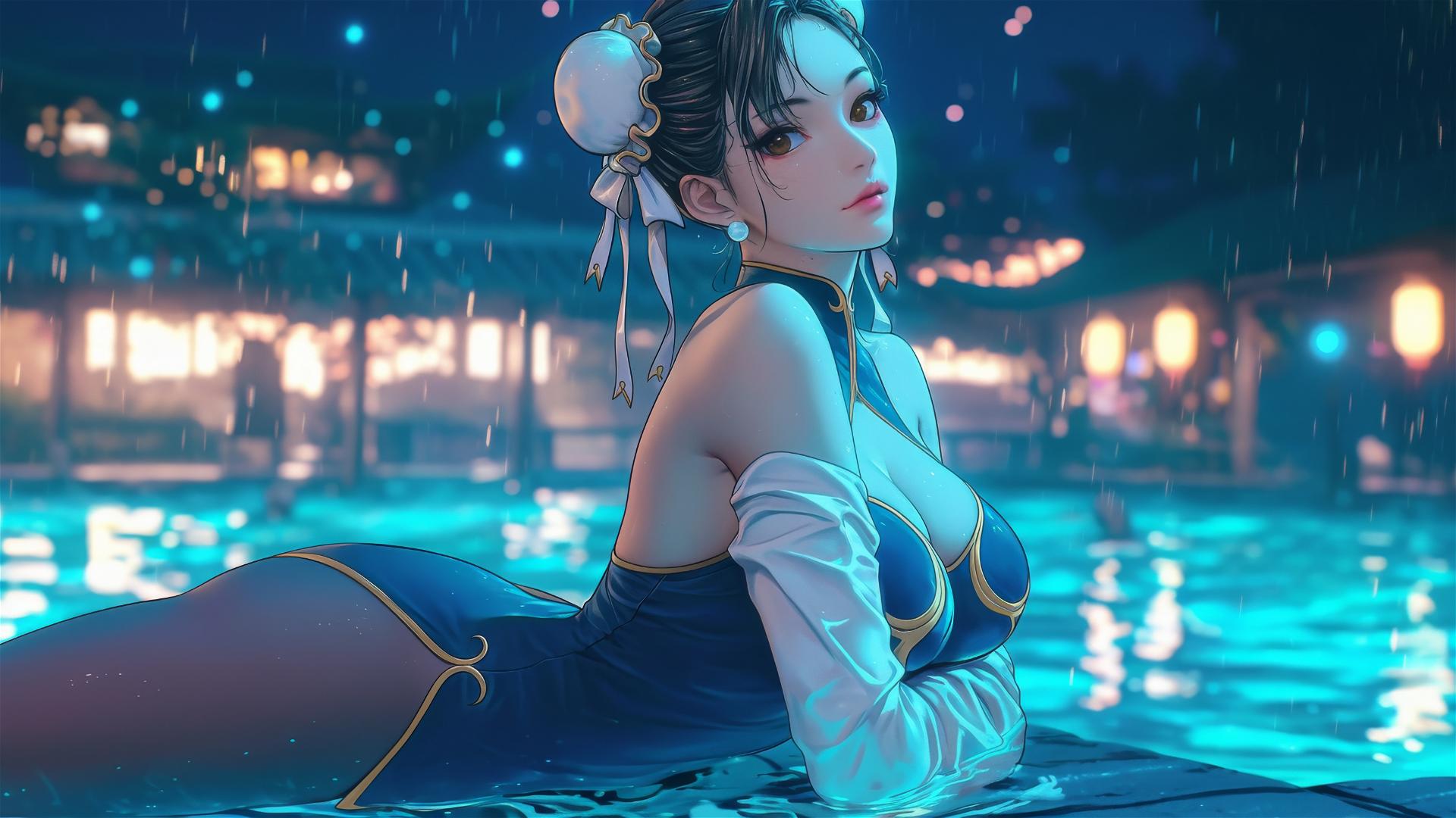 Chun Li resting at a rainy swimming pool under moonlight glow