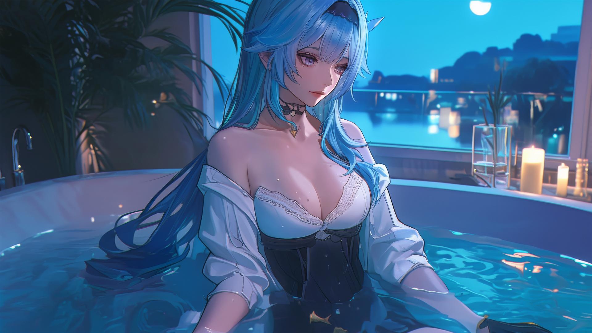 Eula Lawrence from Genshin Impact resting in tub with moonlight glow
