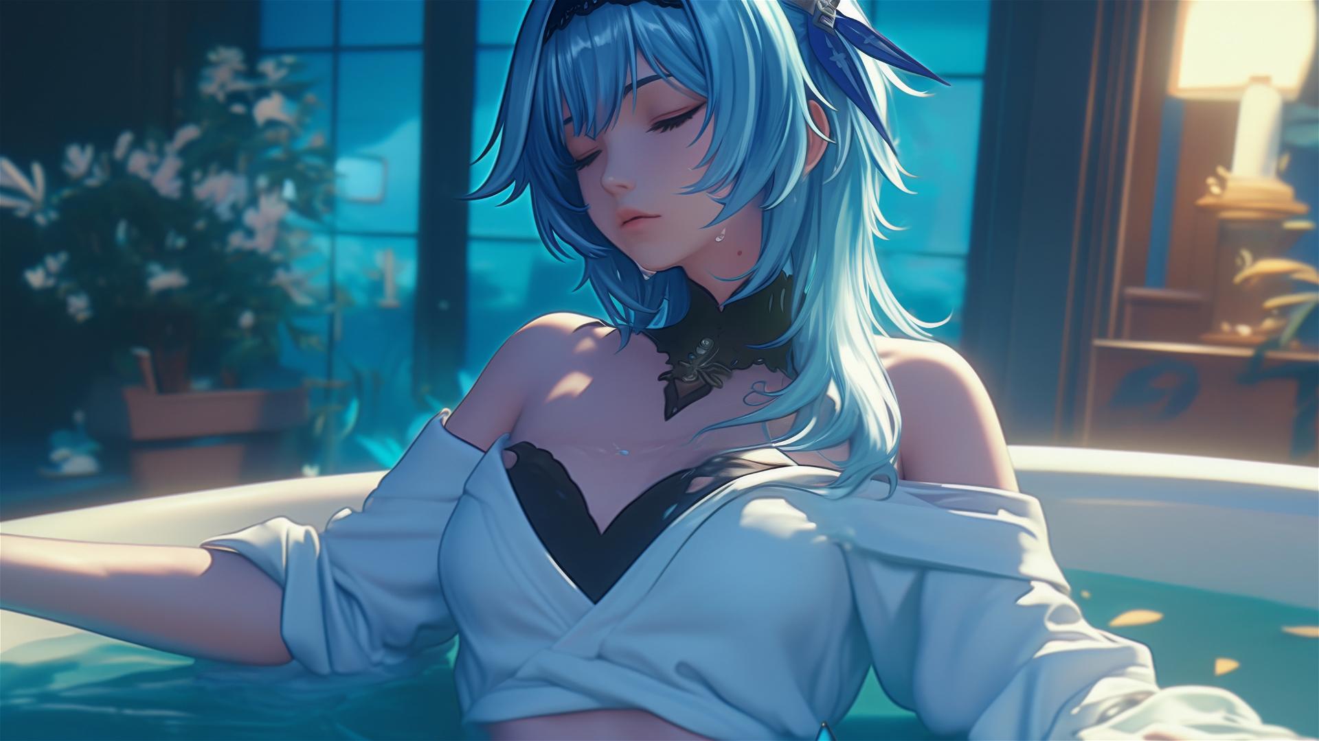Eula Lawrence from Genshin Impact resting in a tub under moonlight