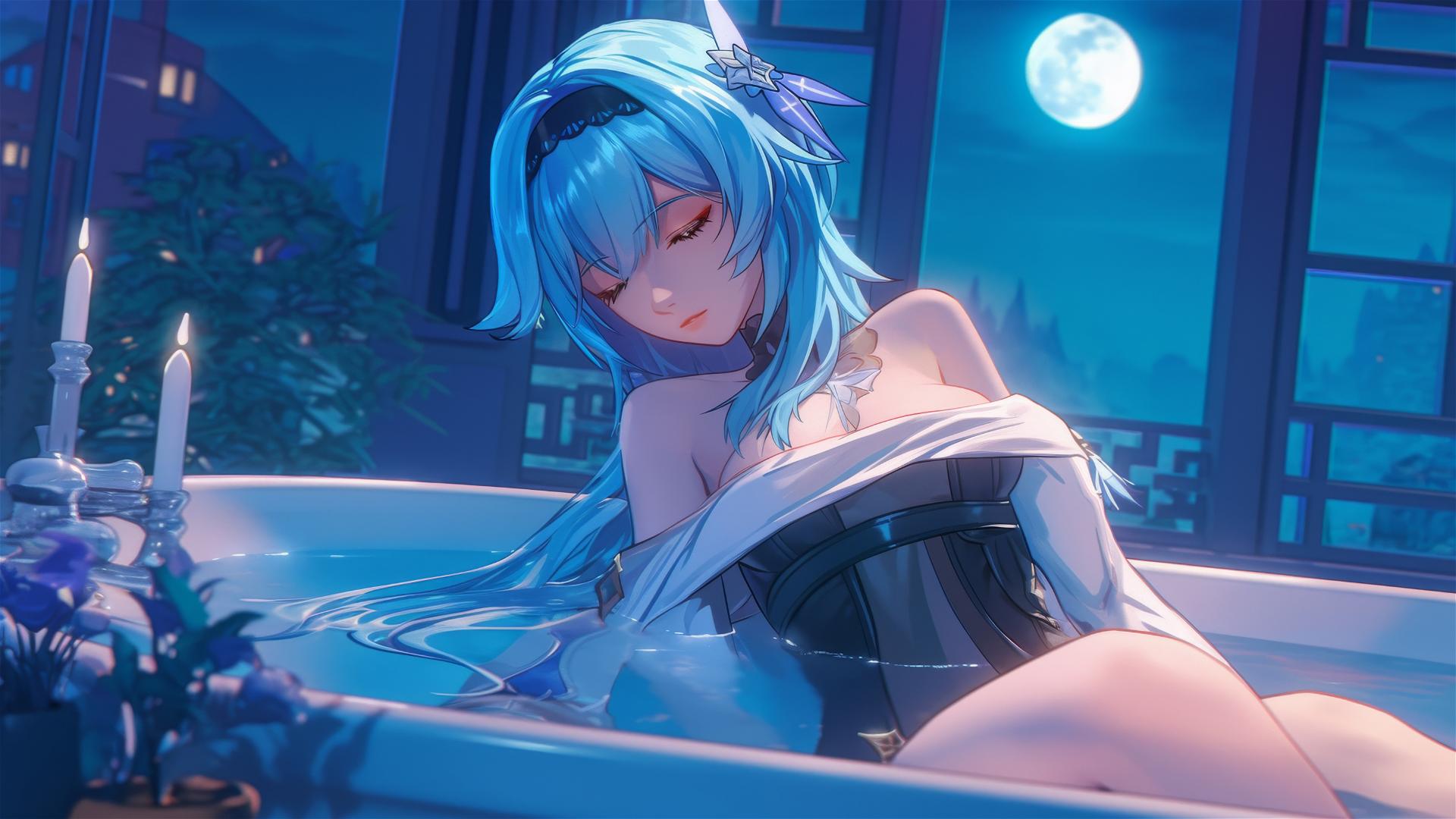 Eula Lawrence from Genshin Impact resting in a tub with moonlight glowing