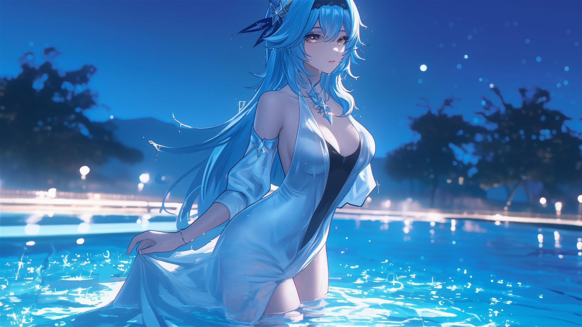 Eula Lawrence in a pure white dress standing leisurely in a rainy swimming pool under moonlight.
