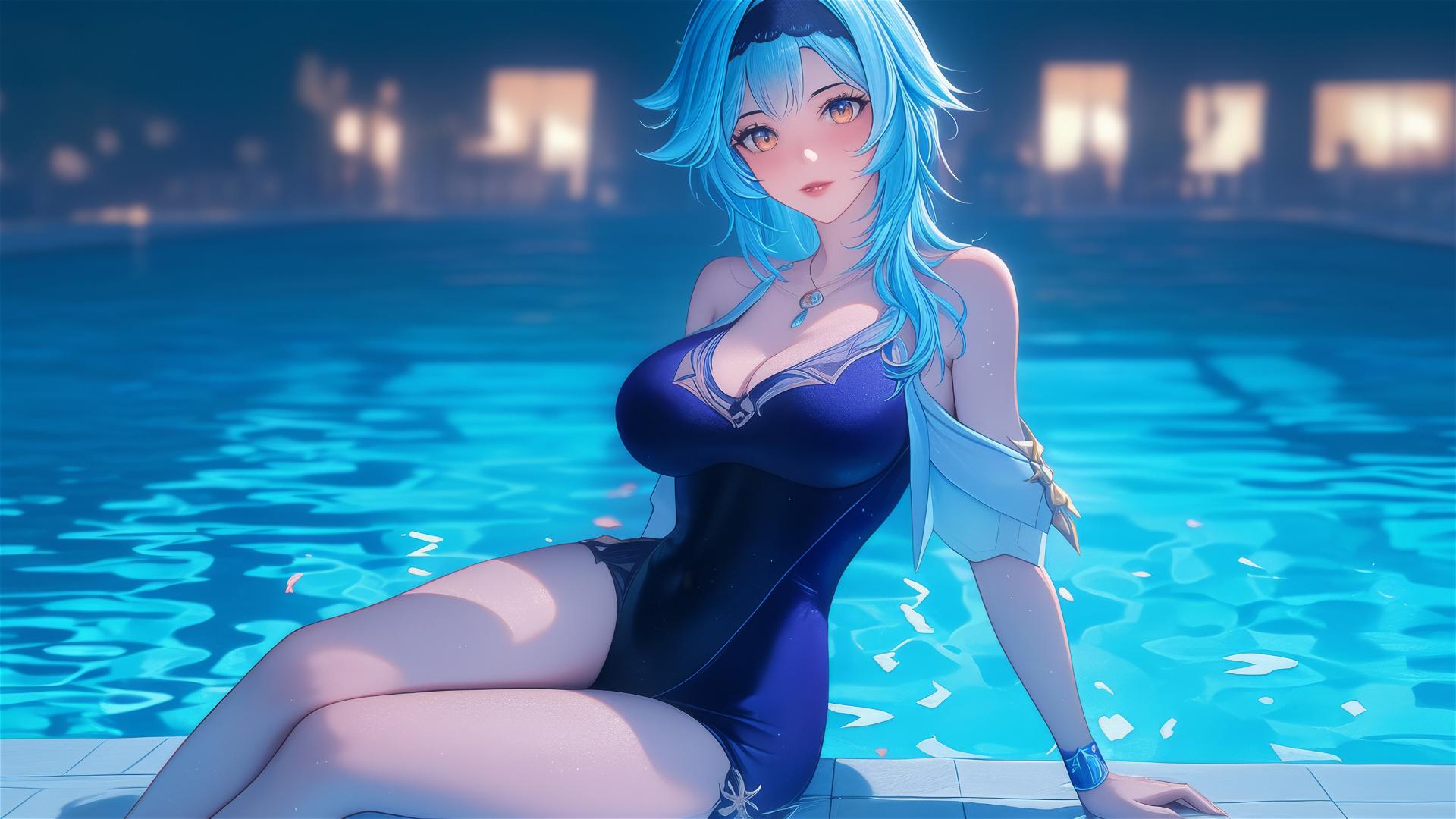 Eula Lawrence resting at a pool under moonlight with light blue hair.