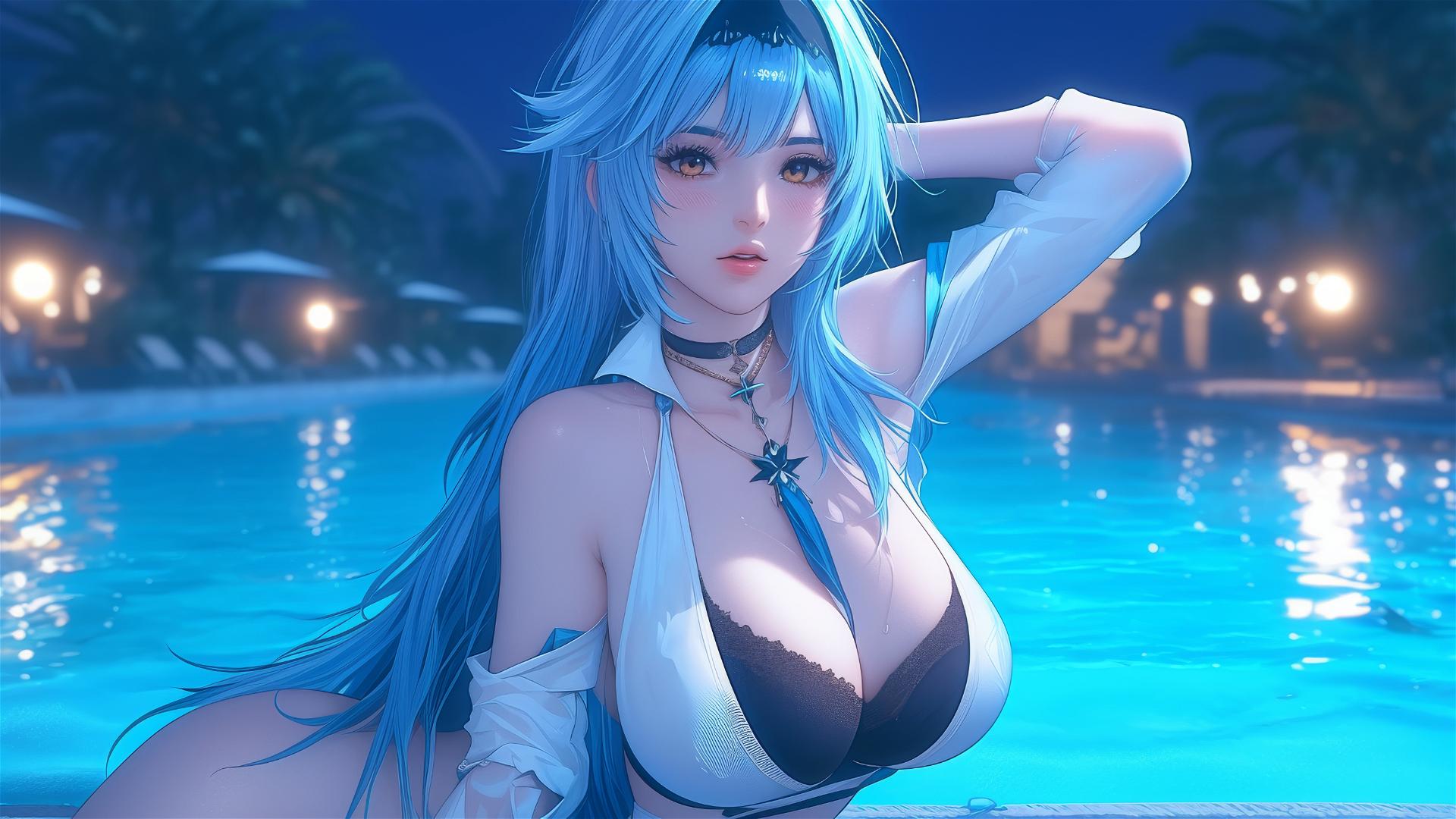 Eula Lawrence from Genshin Impact resting by a moonlit swimming pool with light blue hair