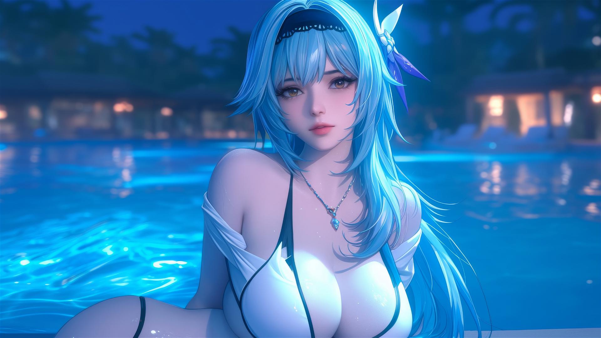 Eula Lawrence from Genshin Impact resting by a swimming pool in moonlight