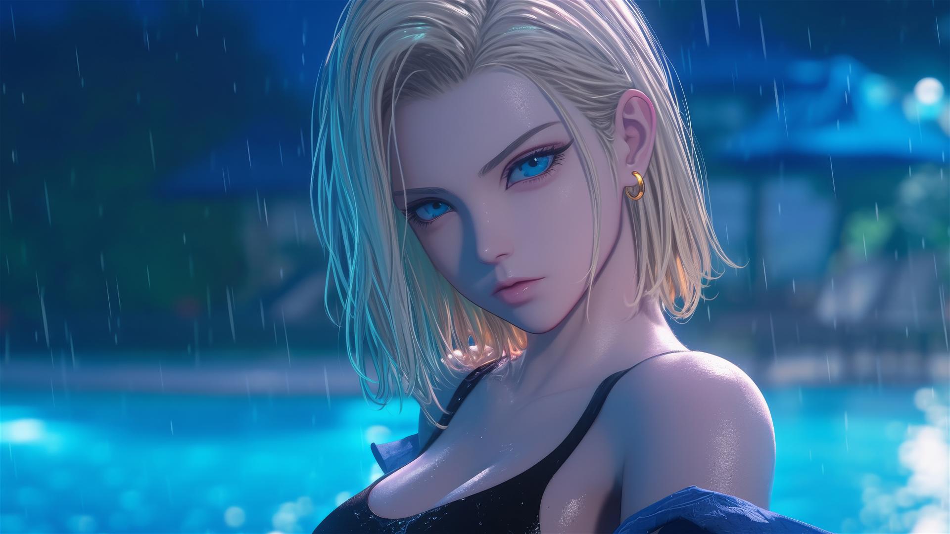 Android 18 resting by a rainy swimming pool under moonlight