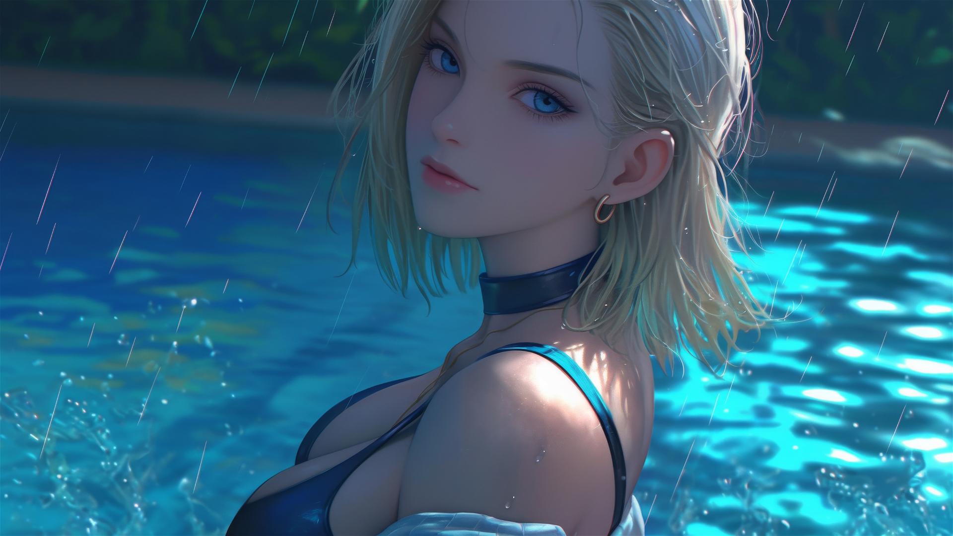 Android 18 from Dragon Ball resting by a rainy pool under moonlight