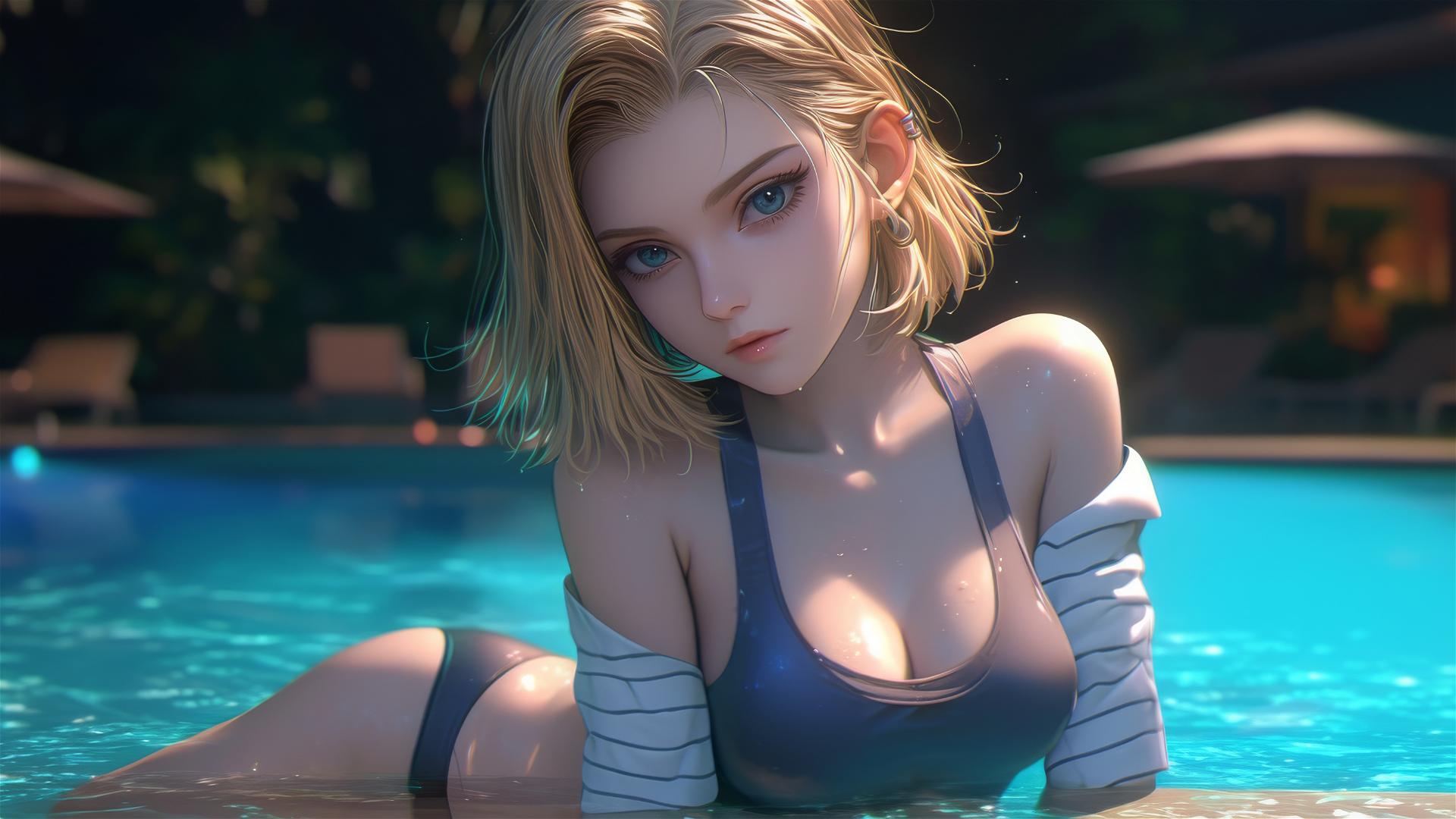 Android 18 from Dragon Ball resting by a rainy pool under moonlight glow.
