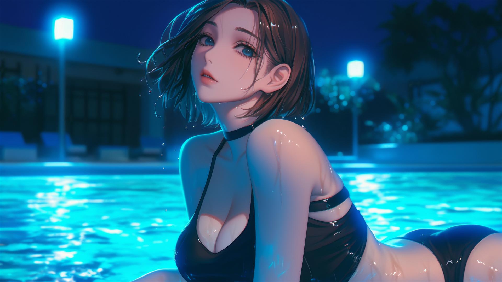 Nobara Kugisaki from Jujutsu Kaisen resting by a rainy pool in moonlight