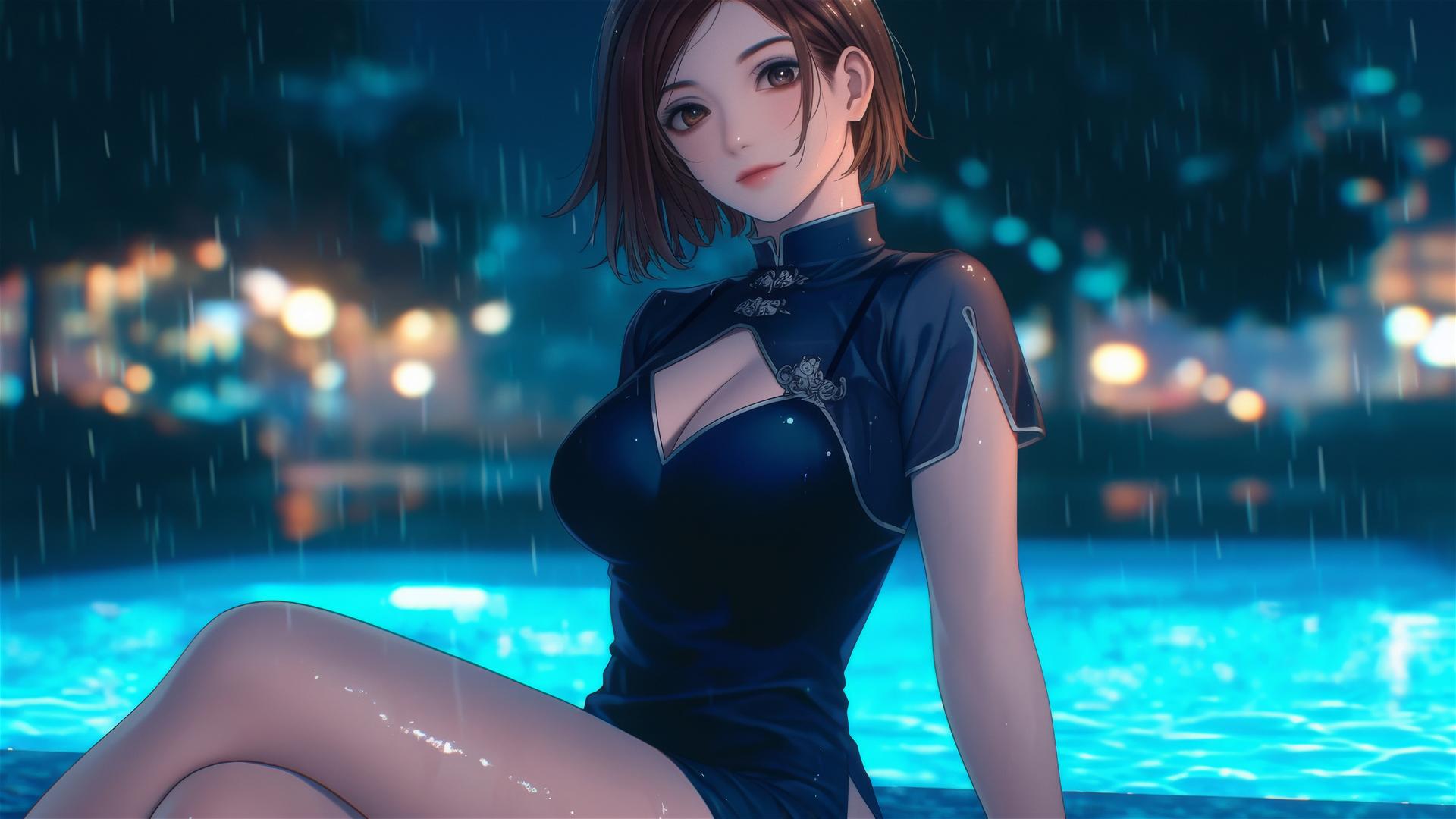 Nobara Kugisaki resting by a rainy pool, moonlight casting a soft glow.