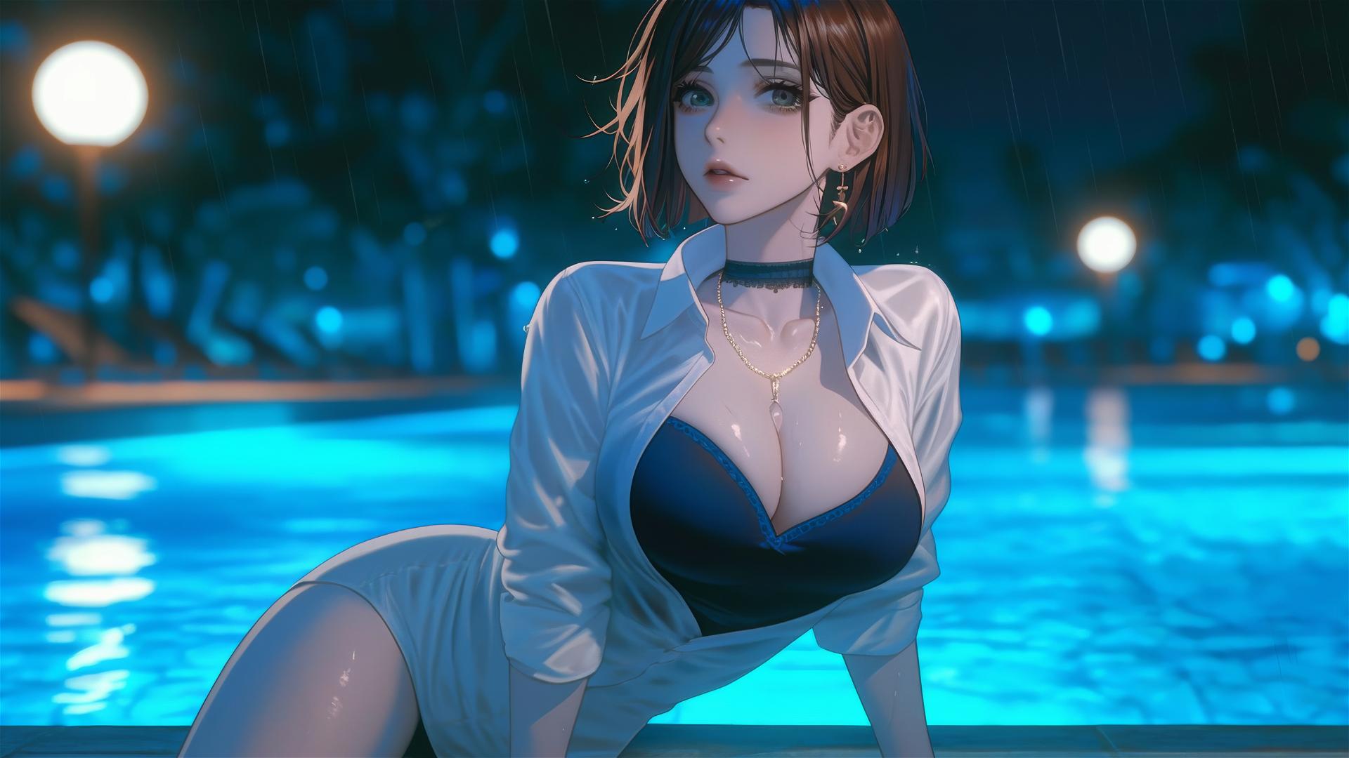Nobara Kugisaki from Jujutsu Kaisen resting by a rainy swimming pool in moonlight
