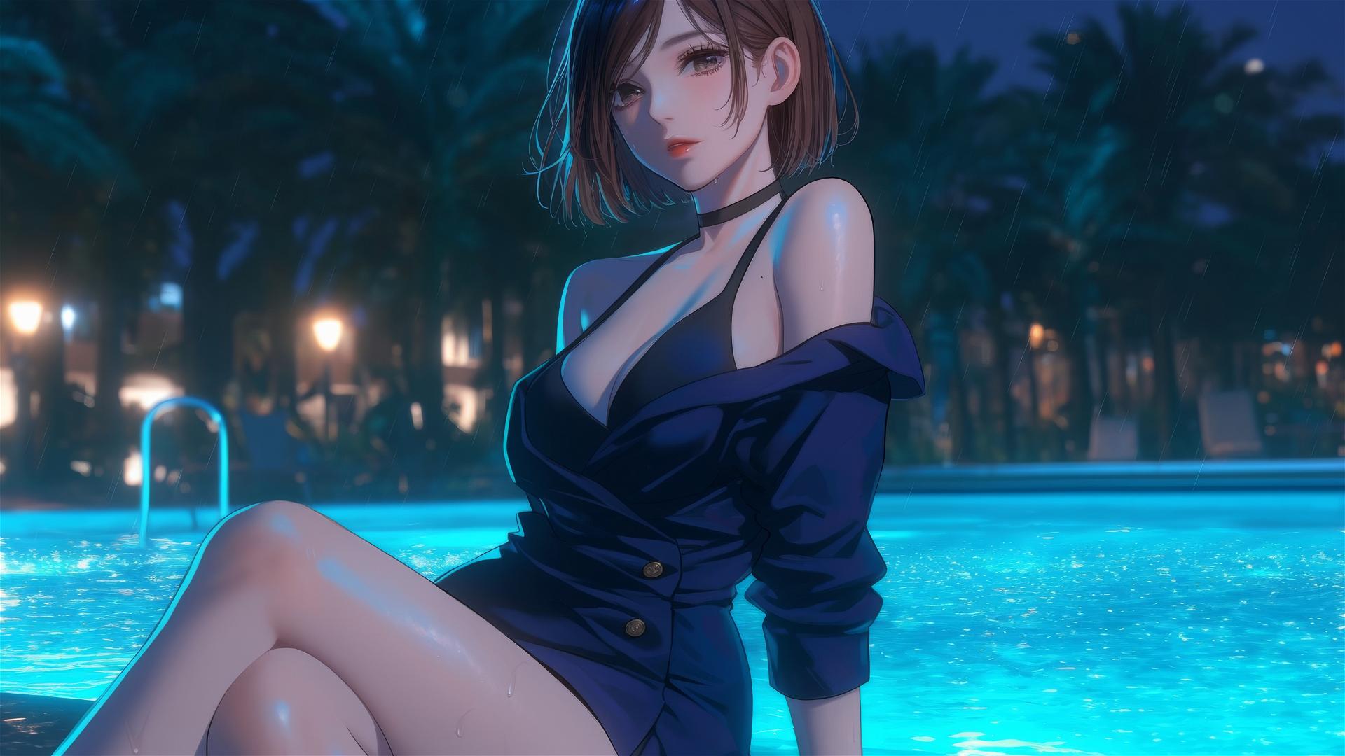Nobara Kugisaki resting by a rainy pool with moonlight glow