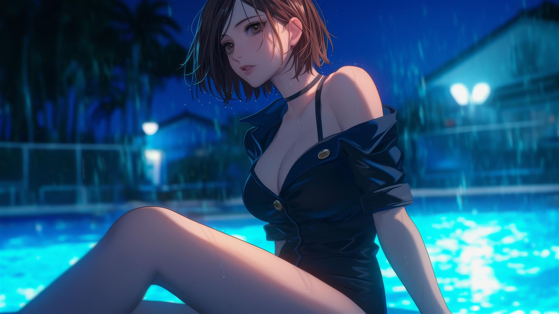 Nobara Kugisaki from Jujutsu Kaisen resting by a rainy pool under moonlight