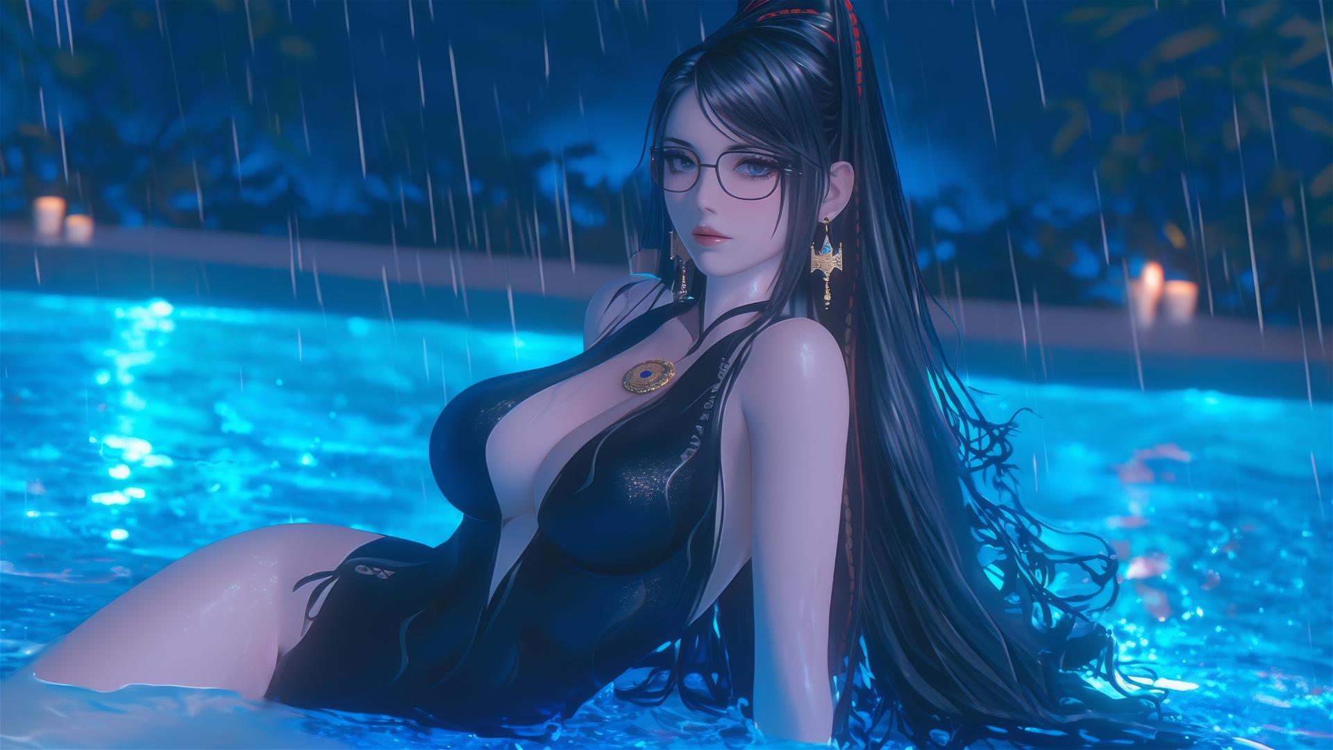 Bayonetta resting at rainy pool with moonlight glow