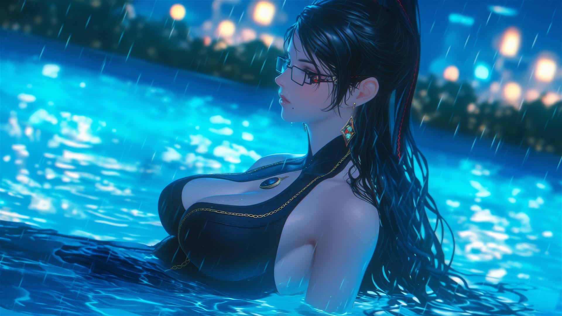 Bayonetta resting at rainy pool with moonlight glow