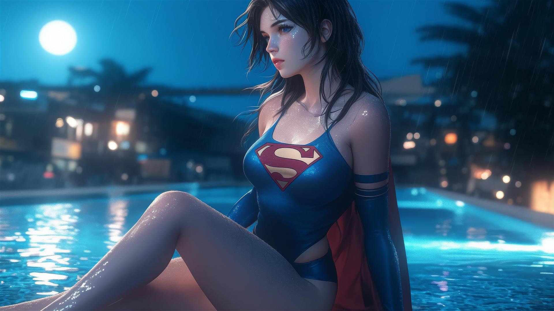 Superwoman resting at a rainy pool with moonlight glow
