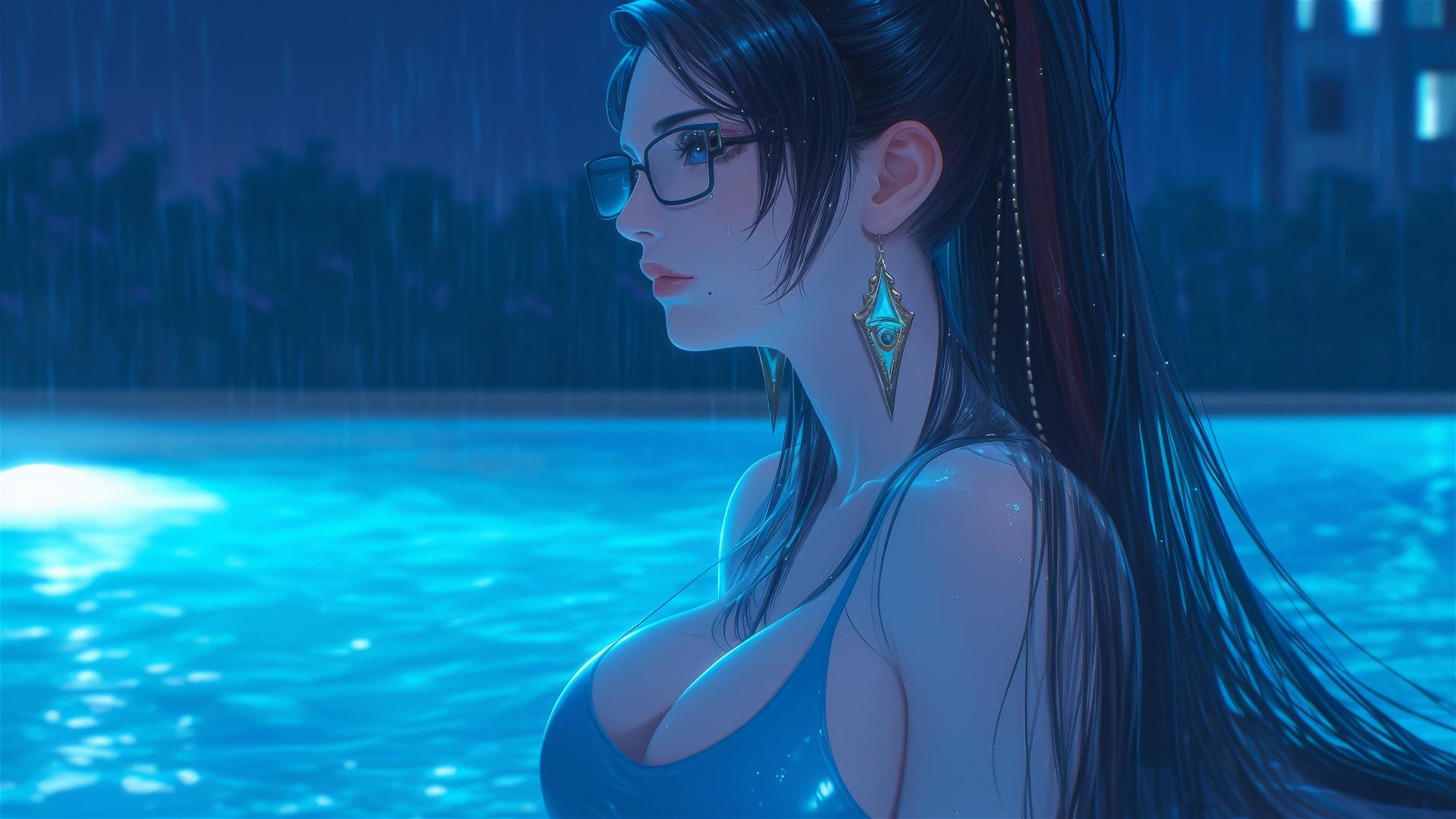 Bayonetta resting at rainy swimming pool under moonlight.