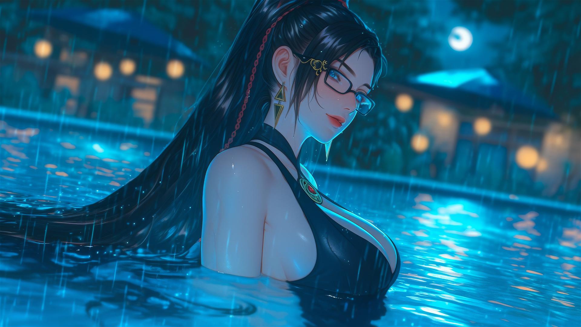 Bayonetta resting at a rainy swimming pool lit by moonlight.