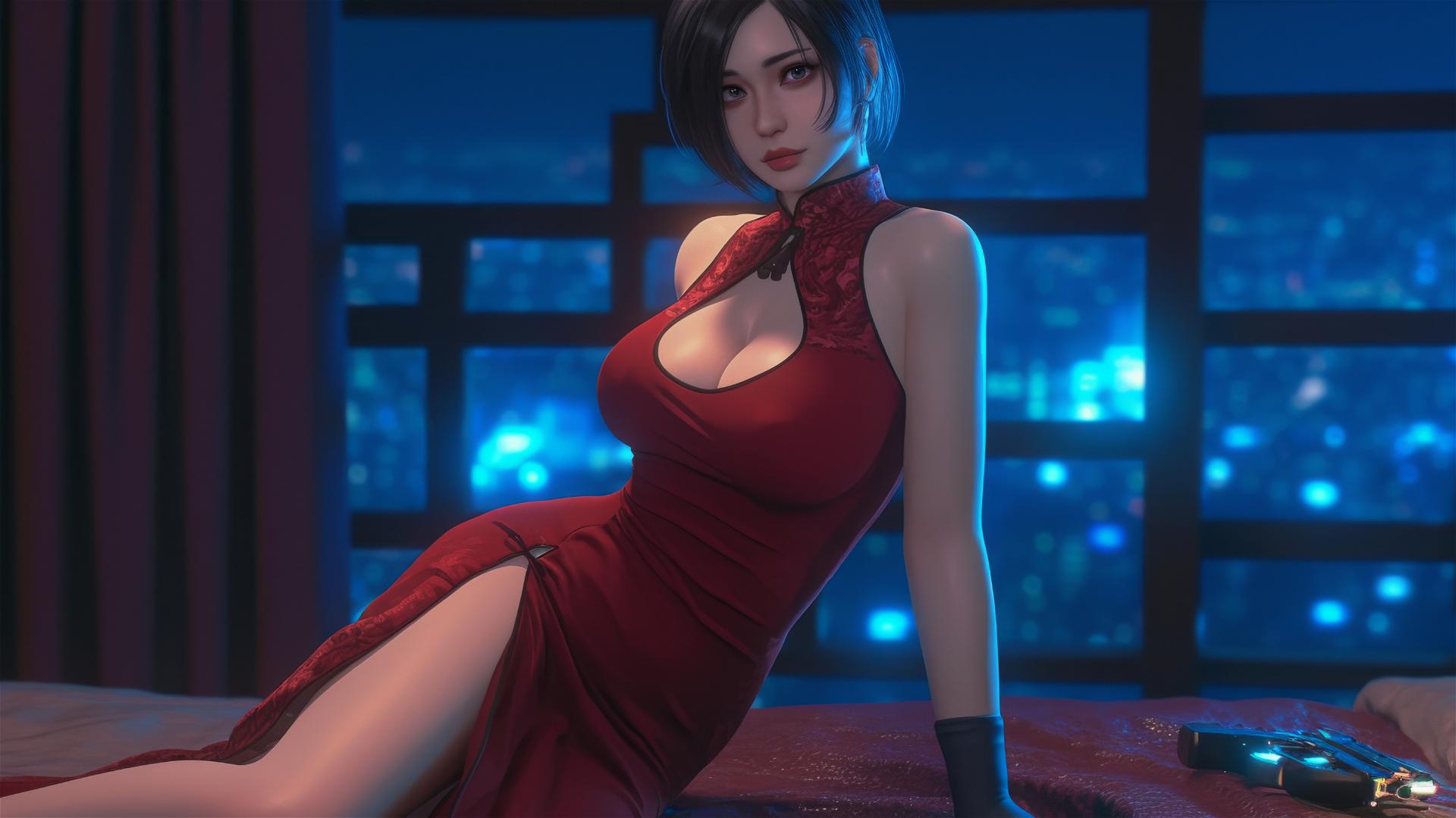 Ada Wong resting in a modern hotel room with moonlight glow