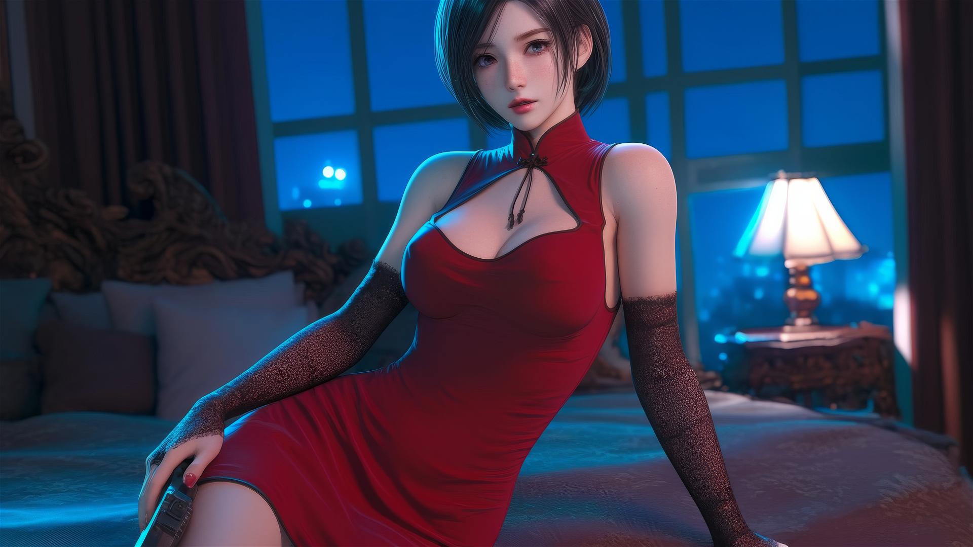 Ada Wong resting in a modern hotel room with moonlight glow.