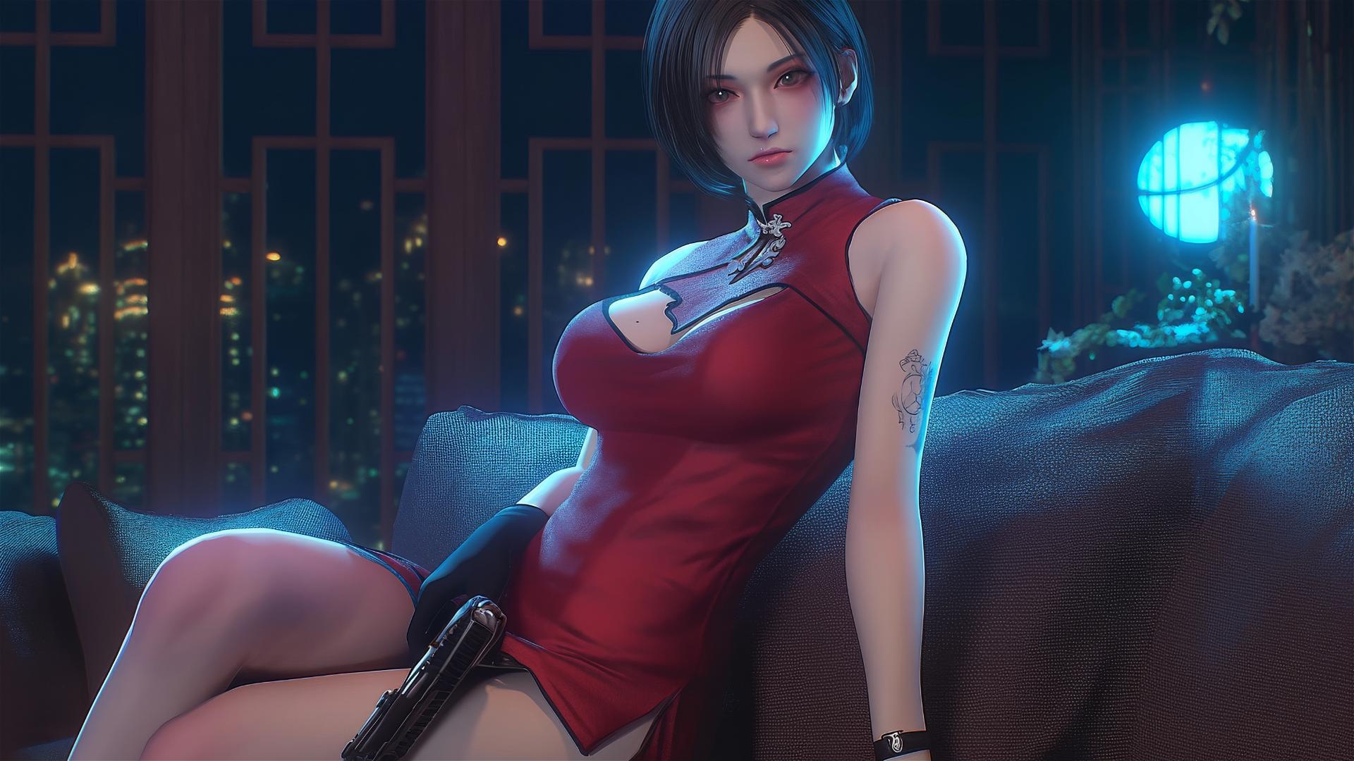 Ada Wong resting in a modern hotel room with moonlight glow.
