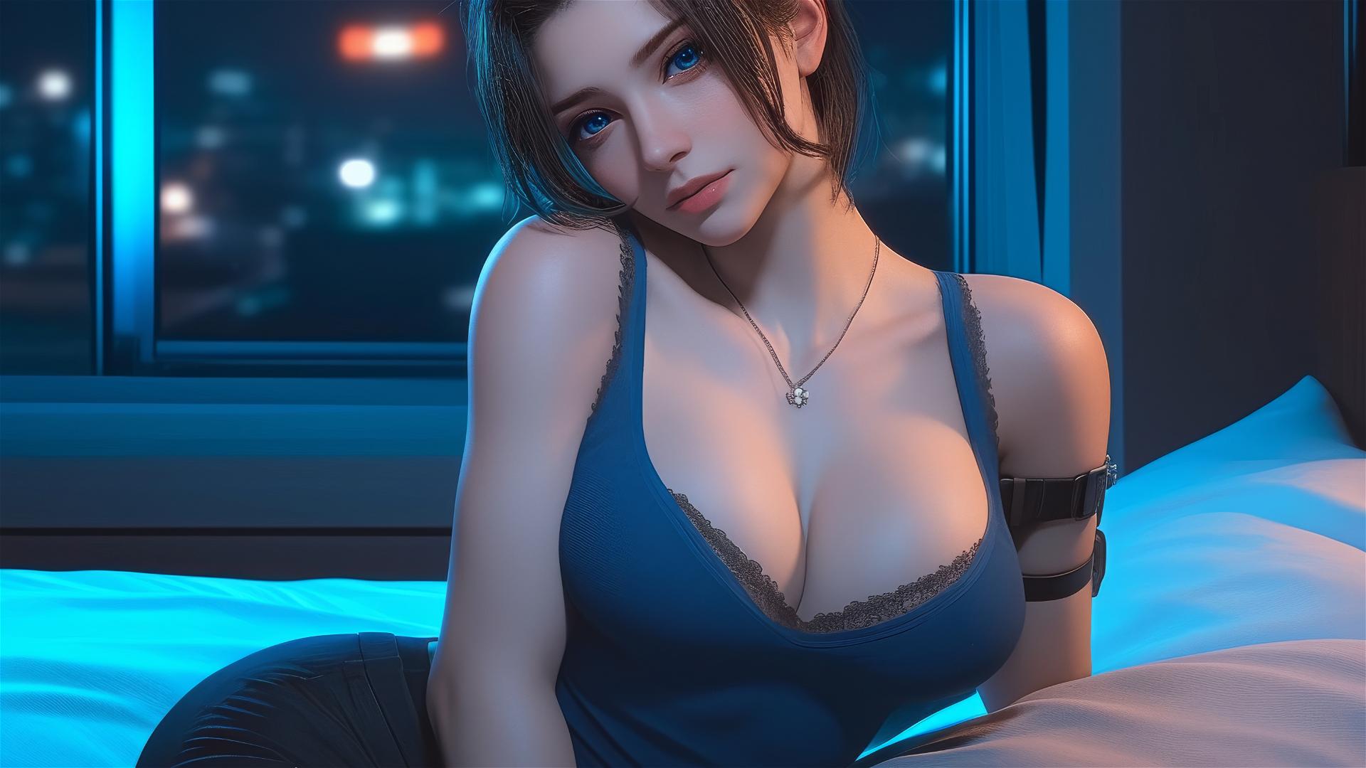 Jill Valentine resting in dimly lit modern hotel room with moonlight glow