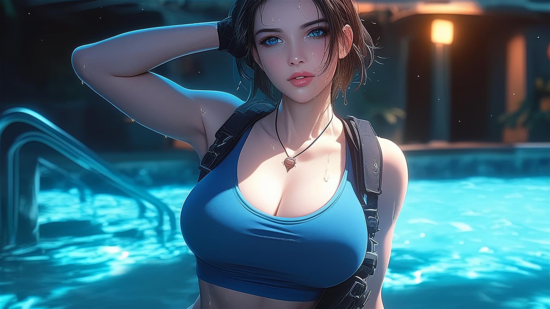 Jill Valentine from Resident Evil, panting heavily, drenched in sweat by the swimming pool with moonlight glow