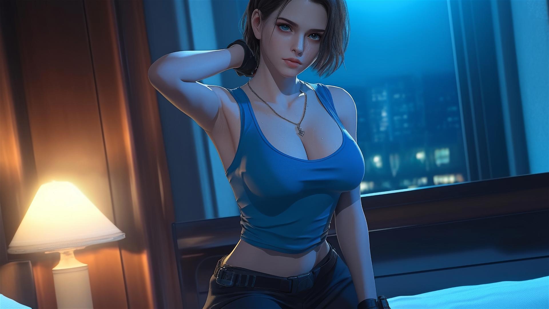 Jill Valentine exhausted in modern hotel room under moonlight