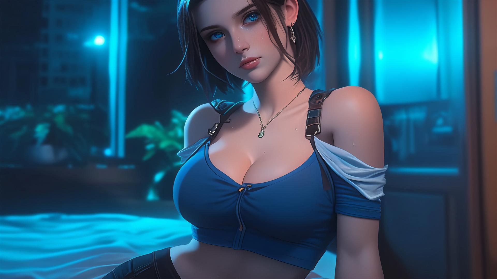 Jill Valentine exhausted in a modern hotel room with moonlight