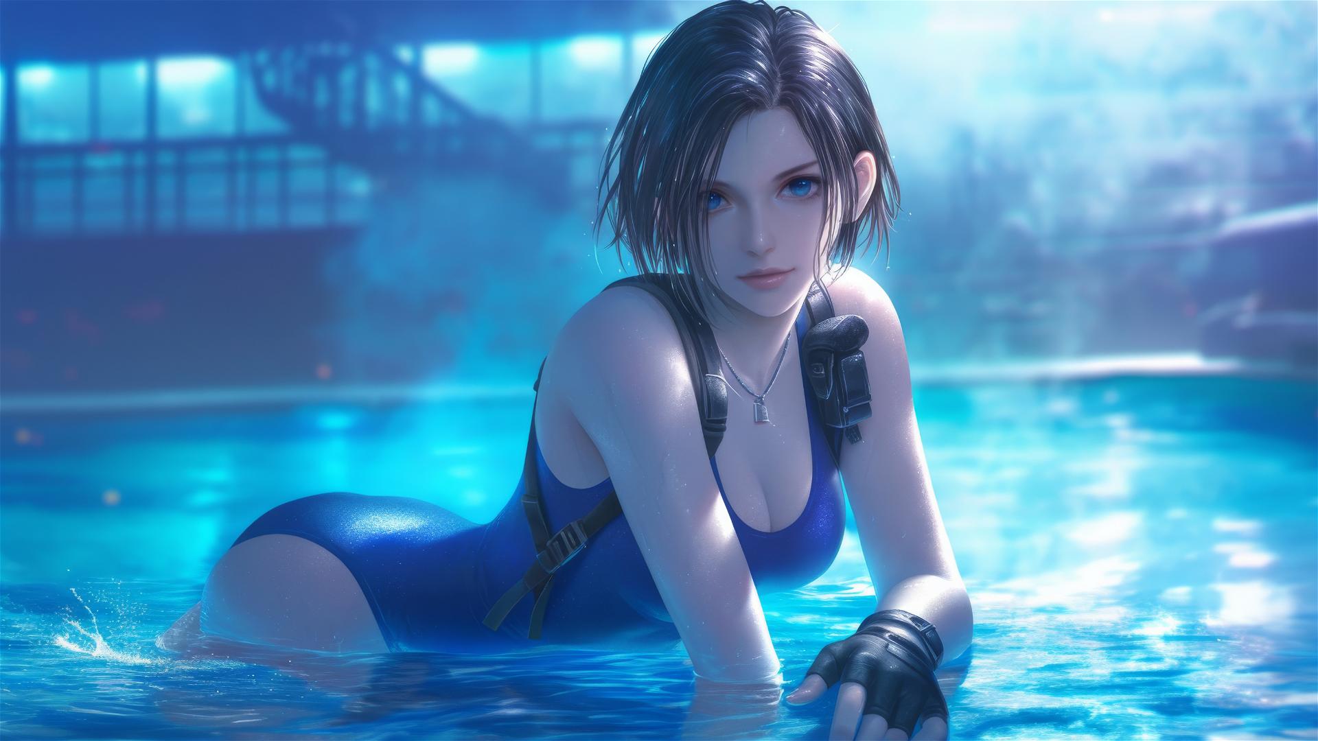 Jill Valentine standing in a rainy swimming pool under moonlight.