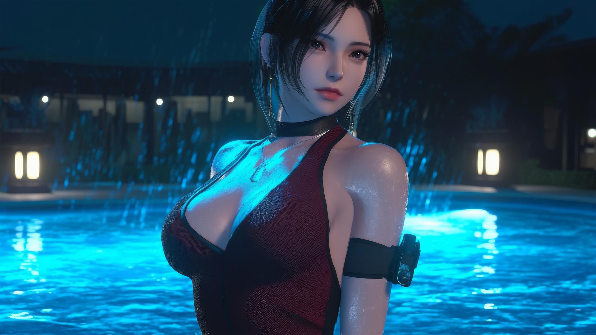Ada Wong standing in a rainy swimming pool with moonlight glow
