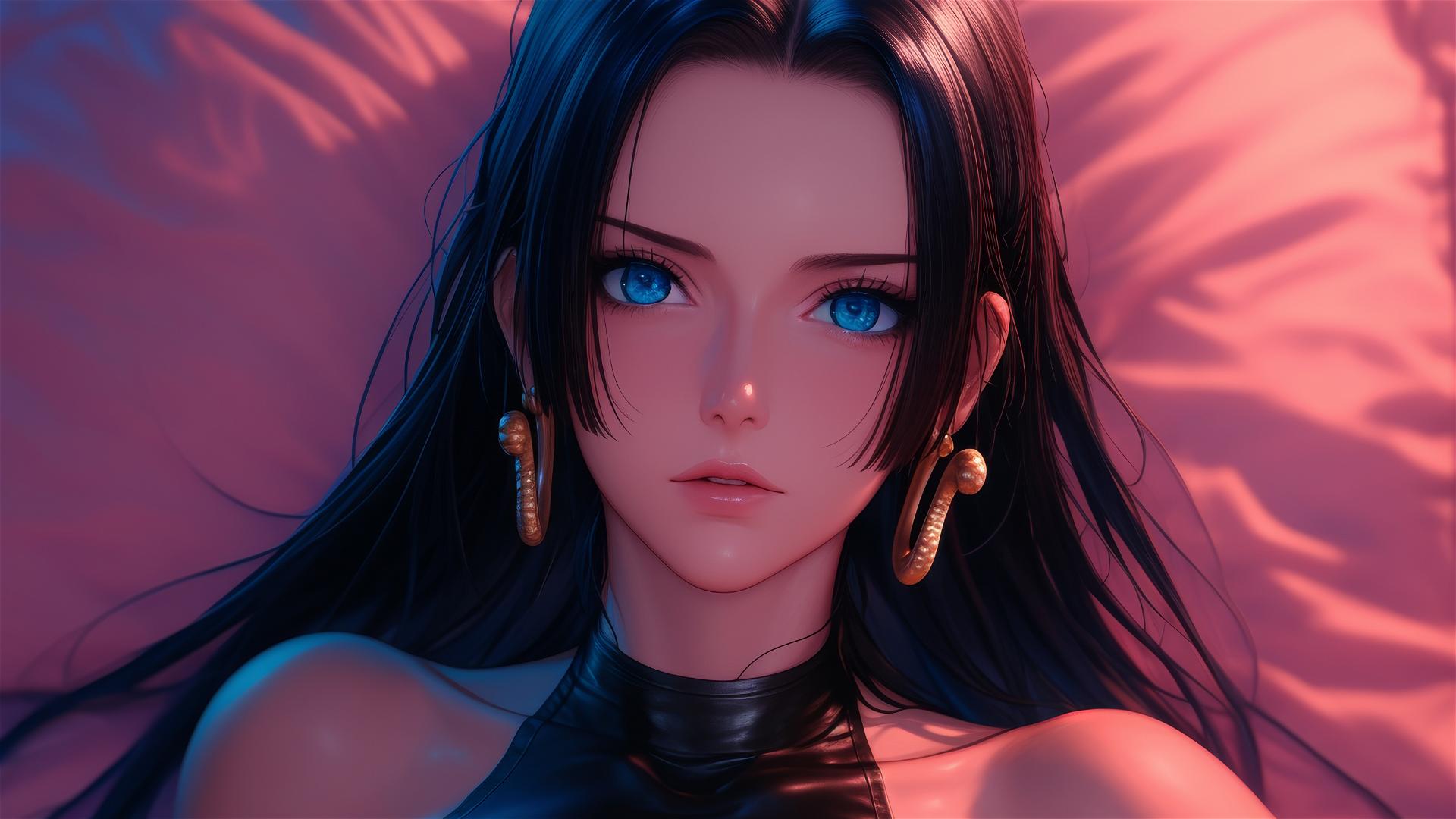 Boa Hancock in black and pink leather on a neon pink bed