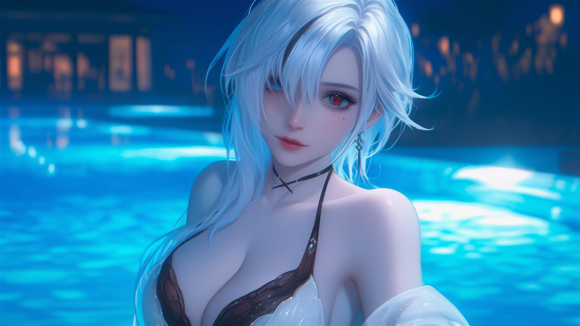 Arlecchino from Genshin Impact with white hair and black streaks, resting by pool in moonlight