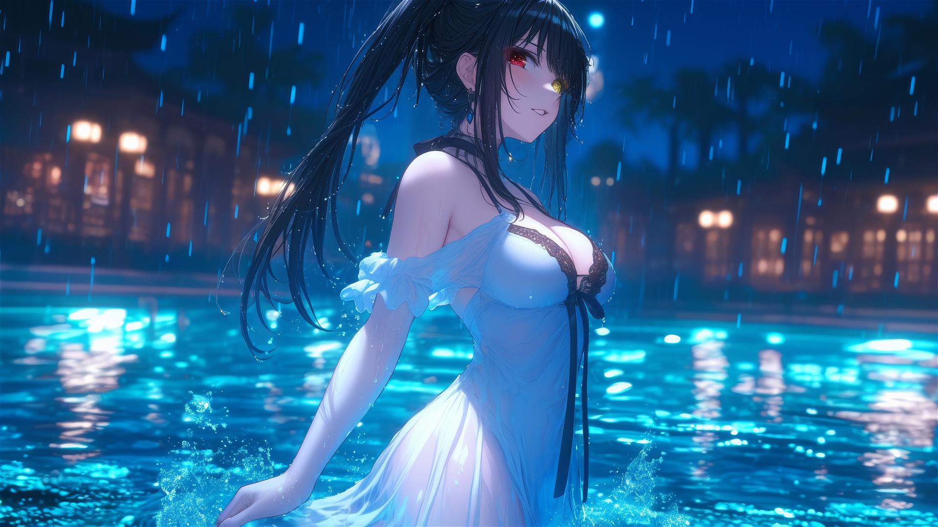 Kurumi Tokisaki stands in a rainy pool under moonlight, dressed in white, with heterochromia.