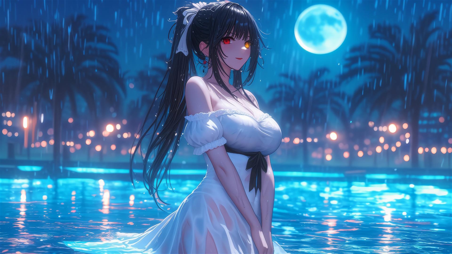 Kurumi Tokisaki standing in a rainy swimming pool with moonlight, wearing a pure white dress.