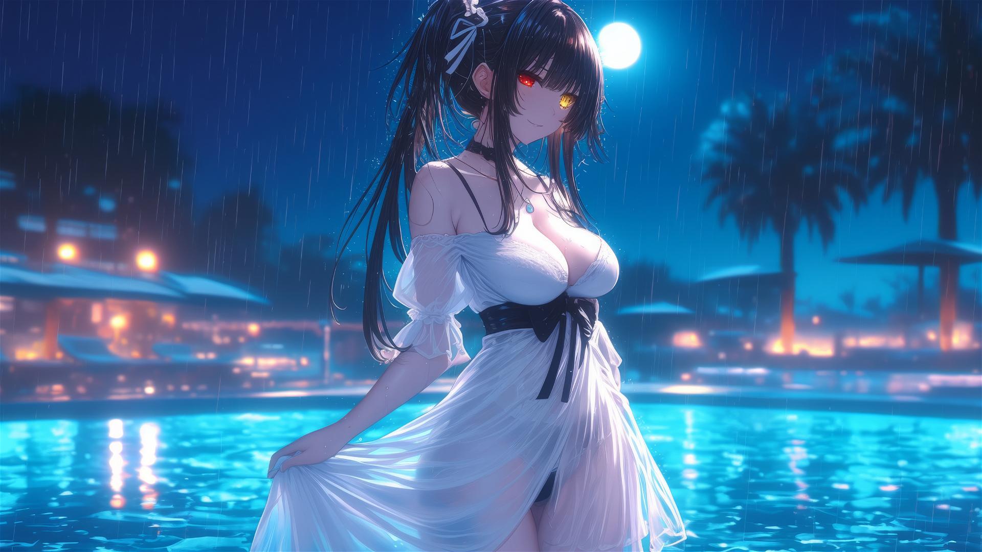 Kurumi Tokisaki standing in a rainy swimming pool under moonlight in a white dress