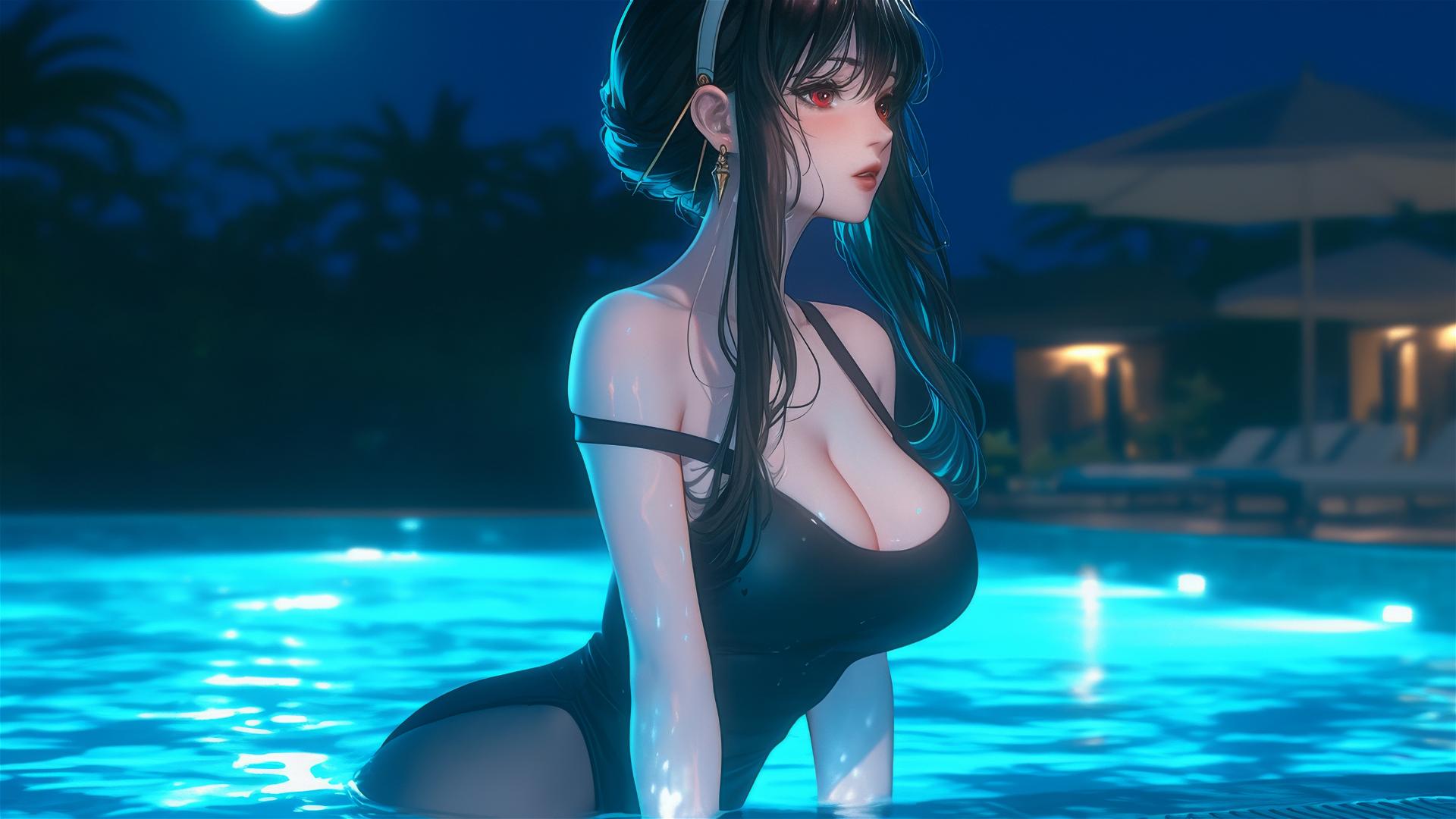 Yor Forger from Spy x Family in bunny girl outfit relaxing by a moonlit pool.