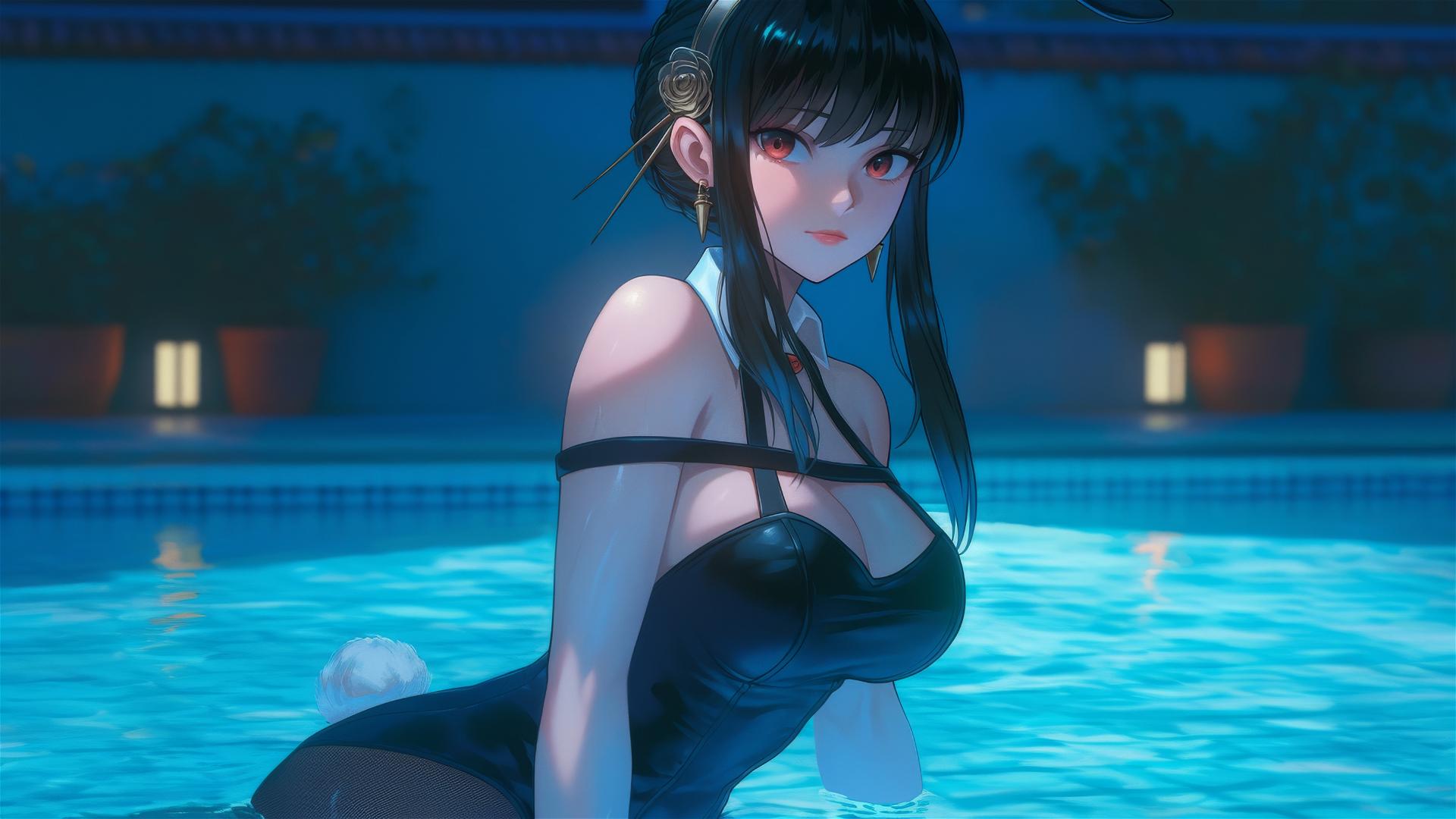 Yor Forger as a bunny girl resting at a pool under moonlight