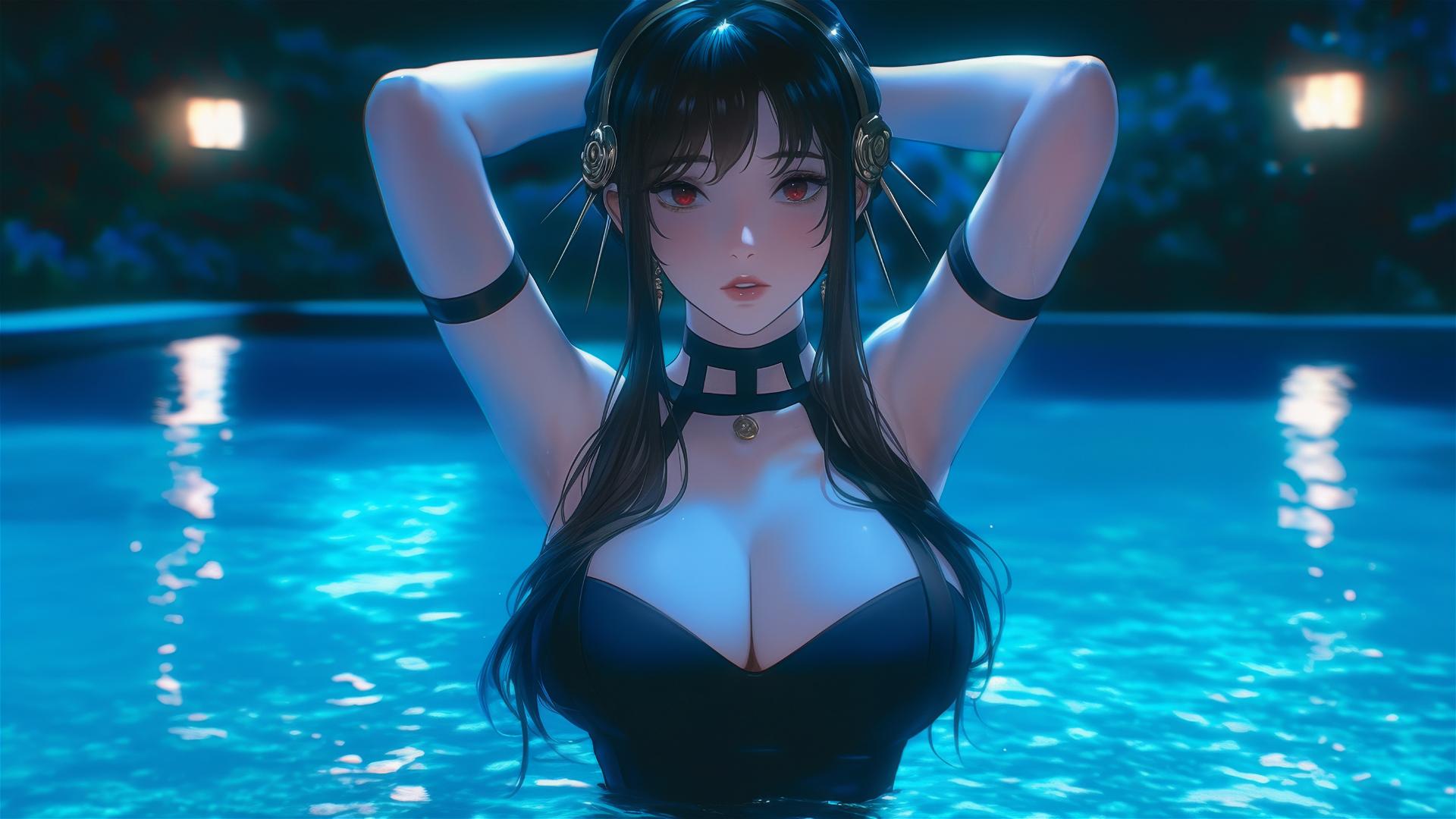 Yor Forger standing in a swimming pool under moonlight in a bunny girl outfit