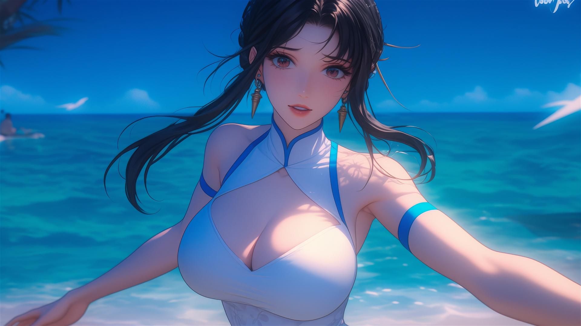 Yor Forger playing beach volleyball in sunny weather