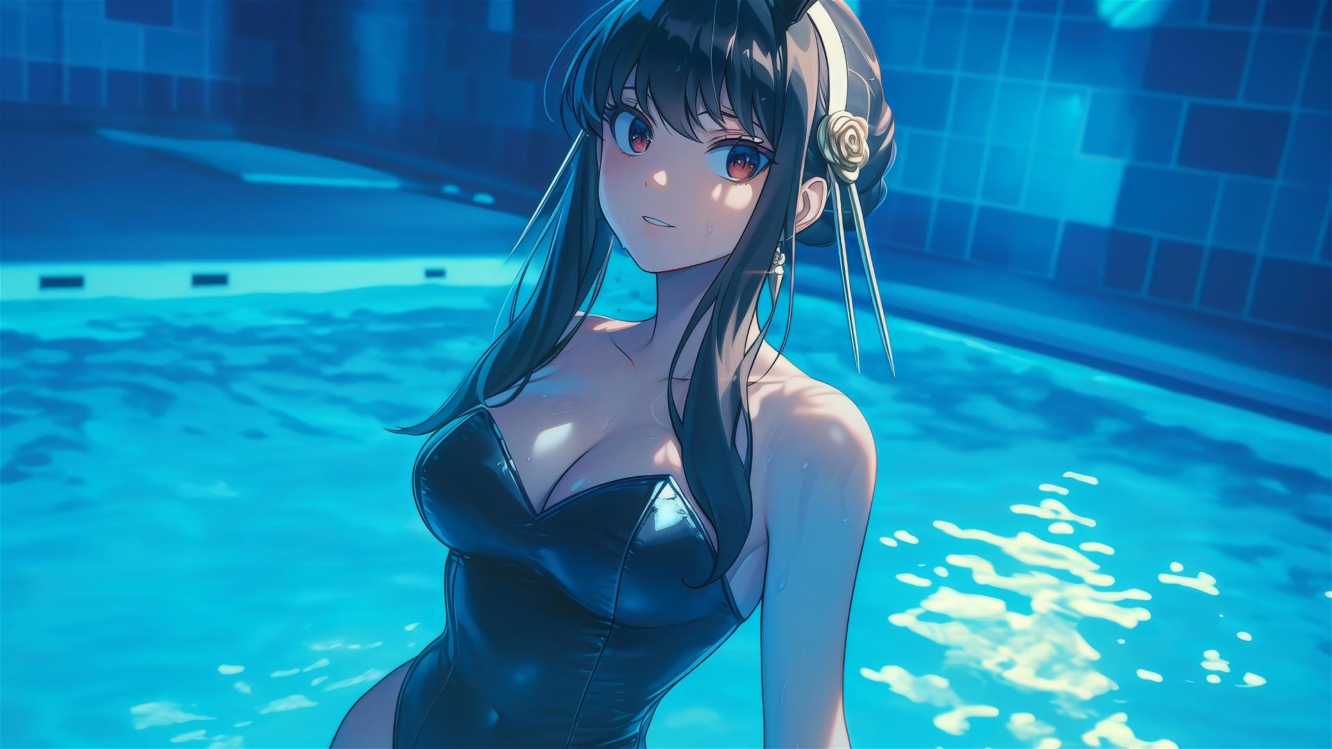 Yor Forger in bunny girl outfit, standing in a pool under moonlight