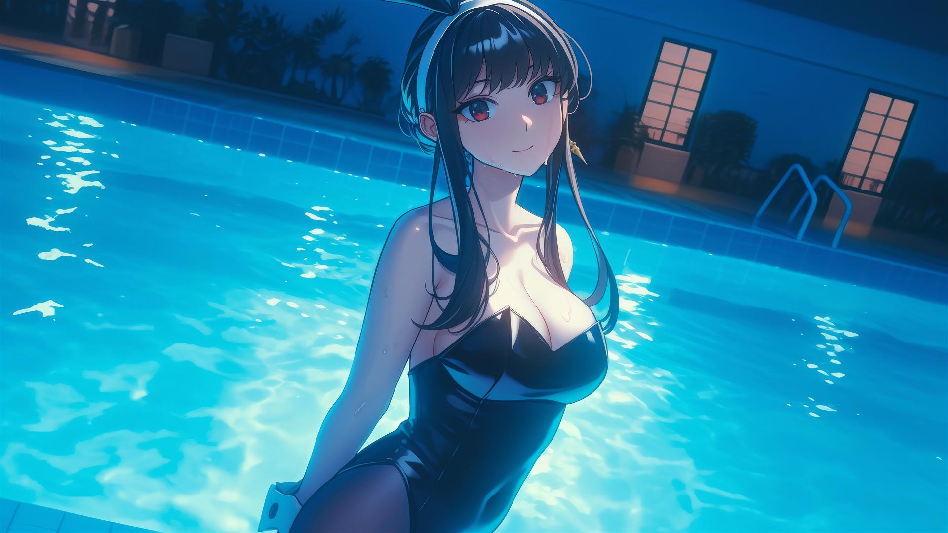 Yor Forger from Spy x Family in bunny girl style, standing in a pool under moonlight