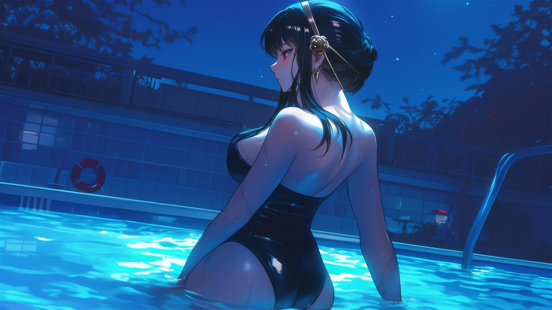Yor Forger from Spy x Family in a bunny girl outfit standing in a swimming pool under moonlight