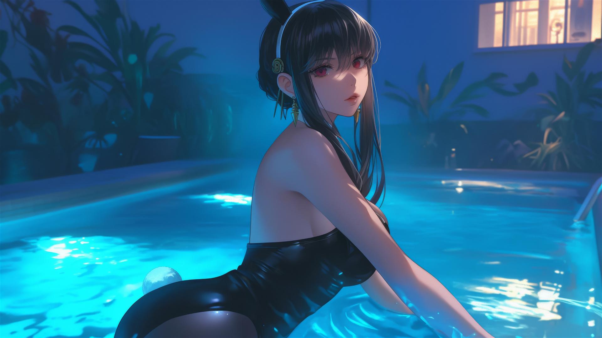 Yor Forger from Spy x Family standing in a swimming pool under moonlight in bunny girl outfit