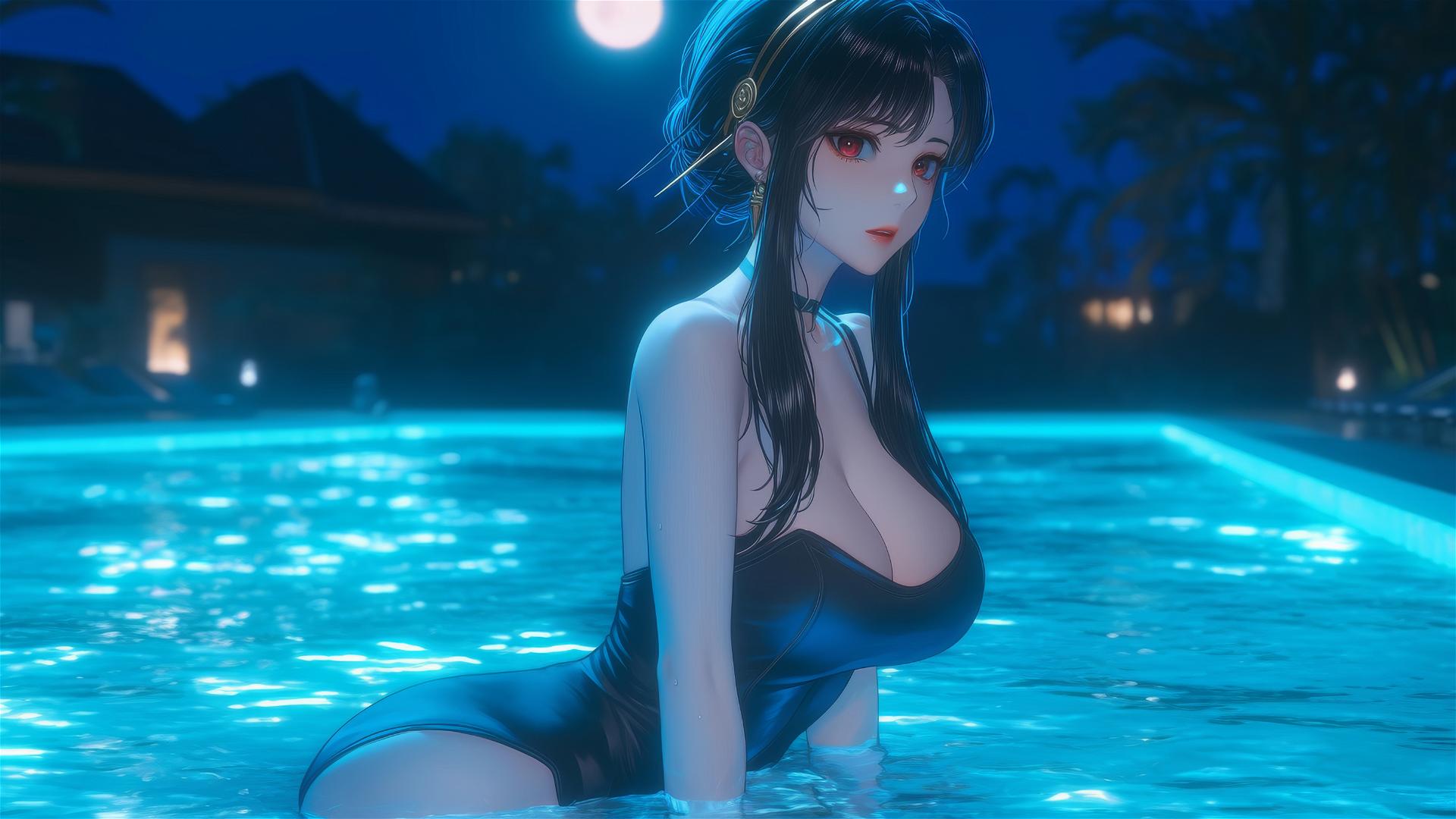 Yor Forger from Spy x Family as a bunny girl relaxing by a moonlit pool