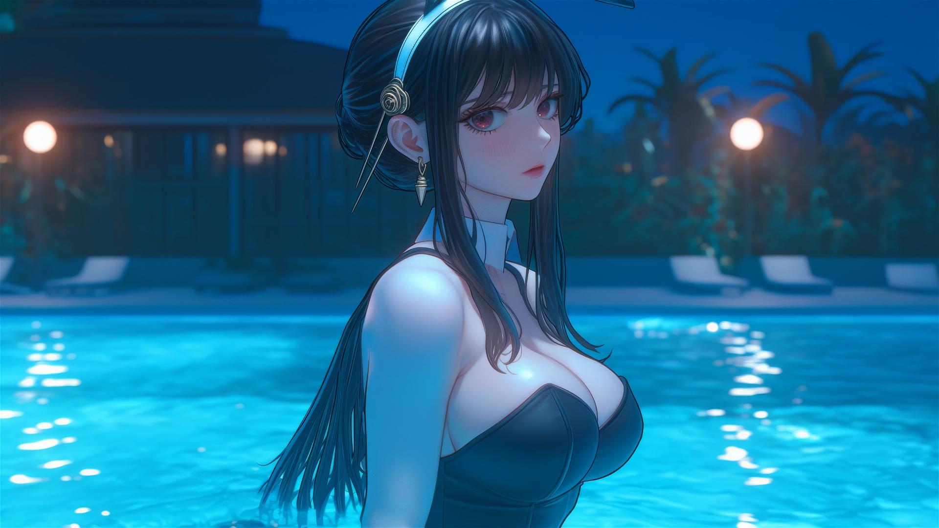 Yor Forger from Spy x Family in bunny girl outfit relaxing at a moonlit swimming pool.
