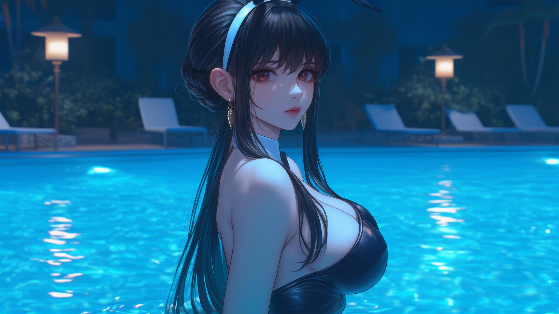 Yor Forger in bunny girl outfit by pool under moonlight