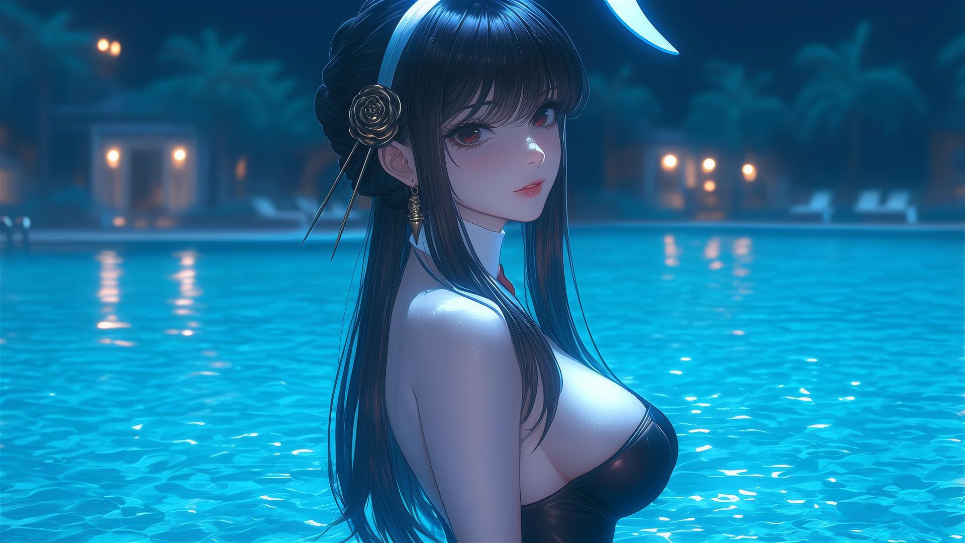 Yor Forger as bunny girl rests by pool under moonlight