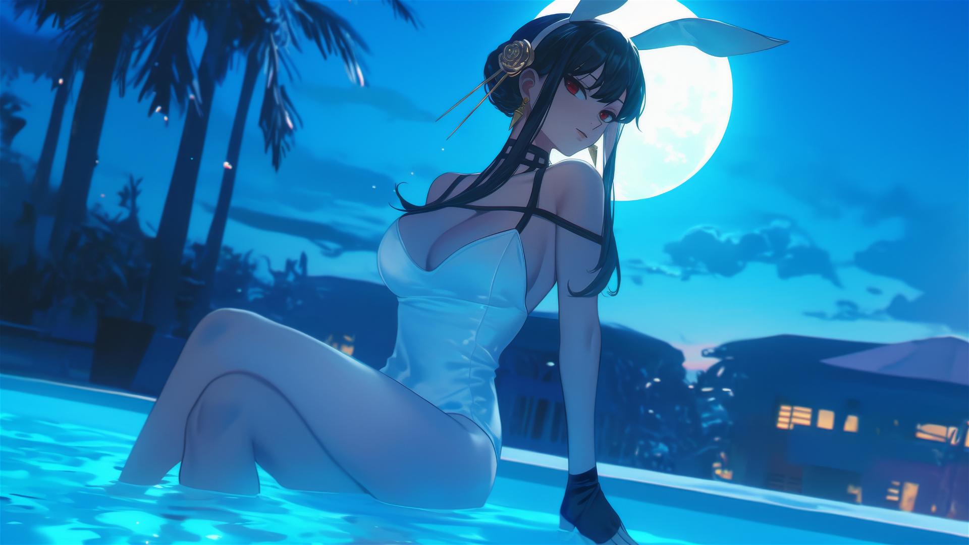 Yor Forger in bunny girl style with white dress resting by swimming pool under moonlight