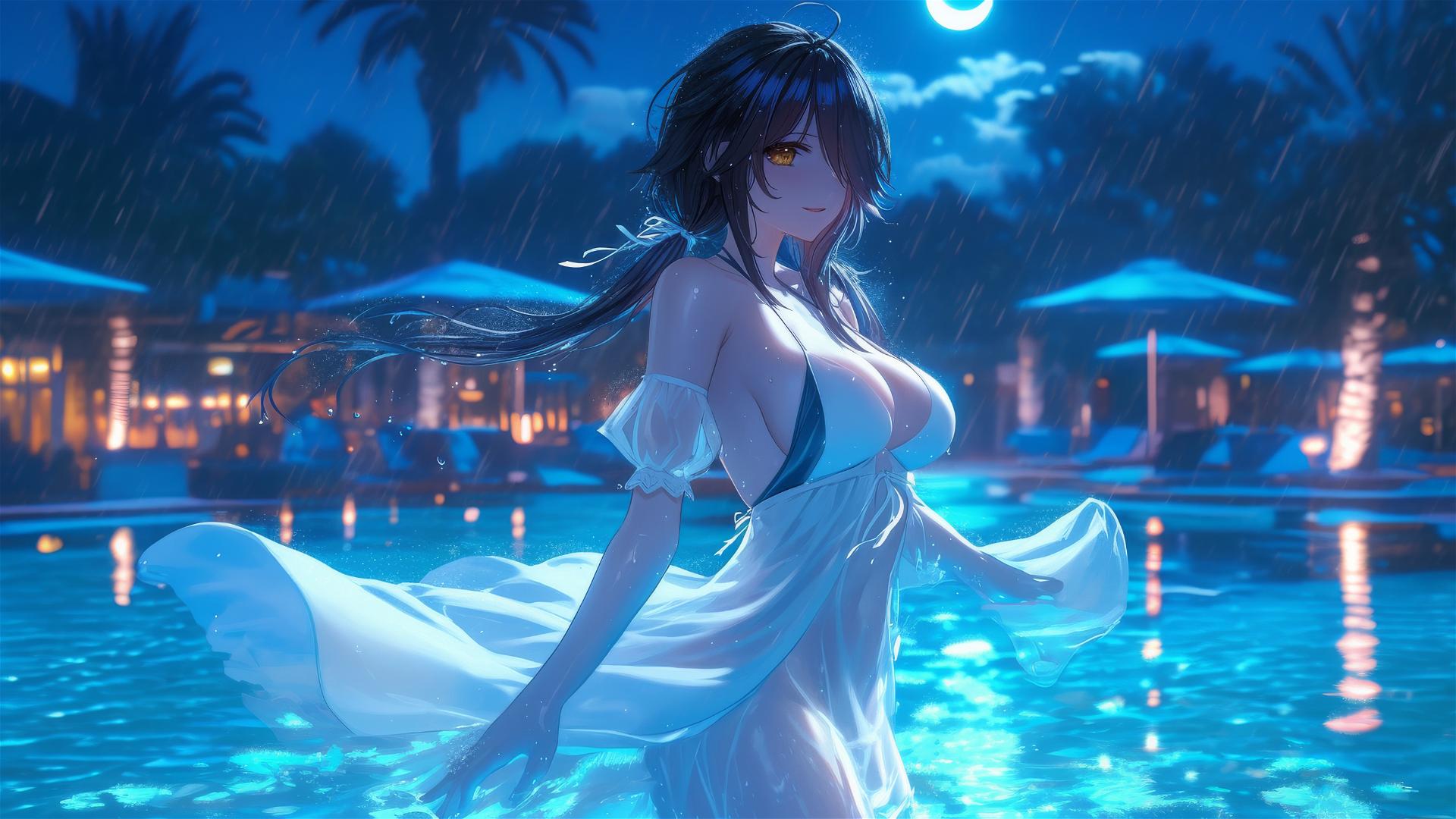 Kurumi Tokisaki under moonlight in a rainy pool, white dress, red and yellow eyes